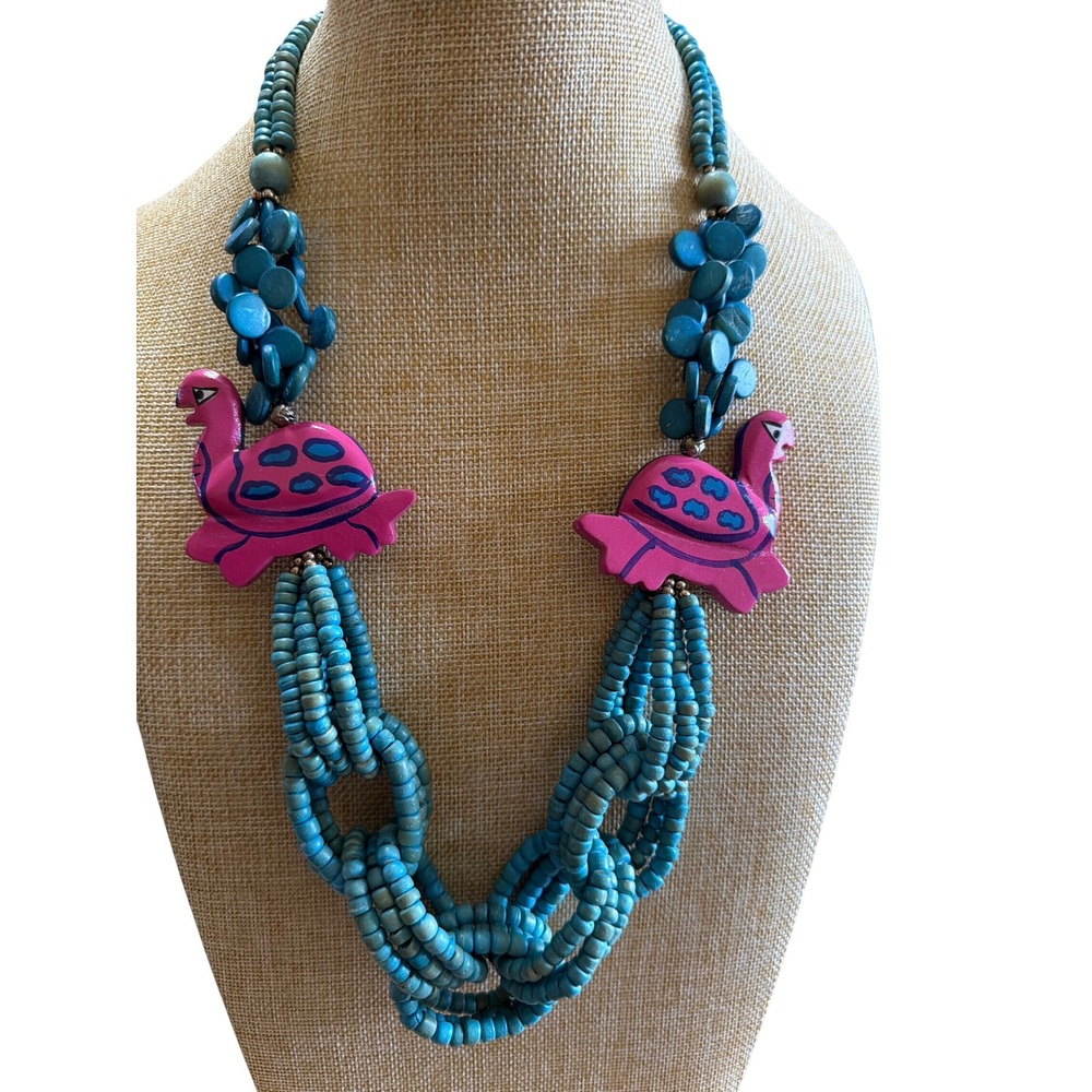 Vintage Folk Art Multi Strand Wood Bead Turtle Statement Necklace Teal Pink